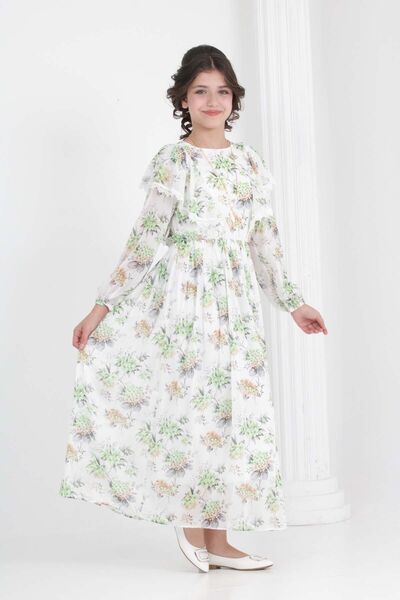 Joui Co Girl's Lined Full-Length Floral Patterned Long Chiffon Dress with Non-Interior Necklace Detail