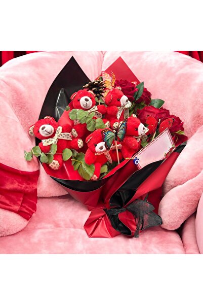 Home Kelebek Detaylı Sevgiliye ve Eşe Özel 5 Güllü 5 Ayıcık Buketi - Not Yazılabilir özel tasarım
