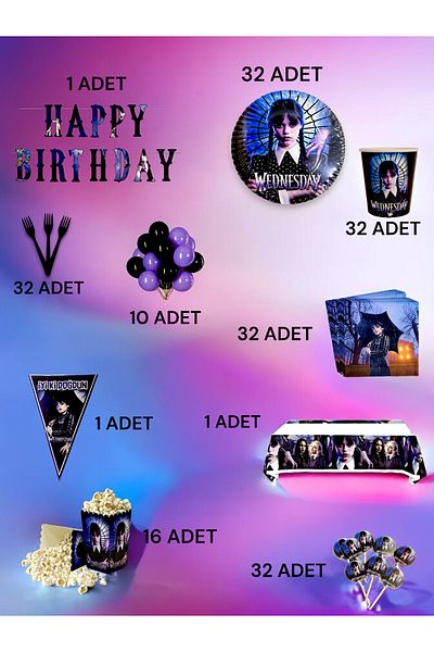 VibeHome Ultra-Luxury Set for 32 People with Wednesday Theme - Birthday Party and Fun Events