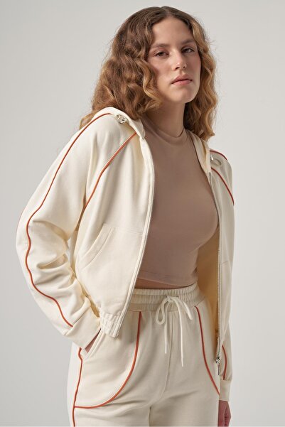 wellwe BENEFİT Ekru biye detaylı, reglan kol, fermuarlı crop sweatshirt