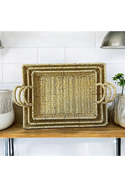 Enyaza Home 3'lü Örme Rattan  Kulplu  Tepsi Rattan  Dikdörtgen Sunum Servis  Tepsisi , Çay Kahve Sunum Tepsisi