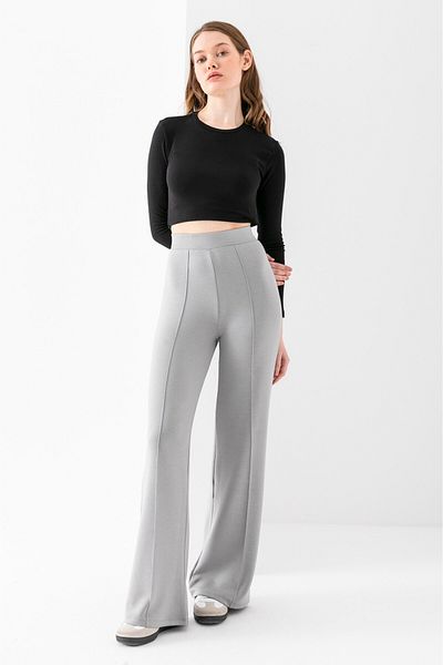 LEBRA Pantaloni de damă, gri, cu nervuri în față, cu potrivire largă, cu picior largi, din țesătură modal, cu talie înaltă, cu strângere, jambiere