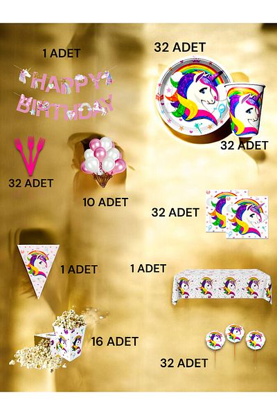 VibeHome Unicorn Themed Ultra Luxury Set for 32 - Birthday Party and Fun Events