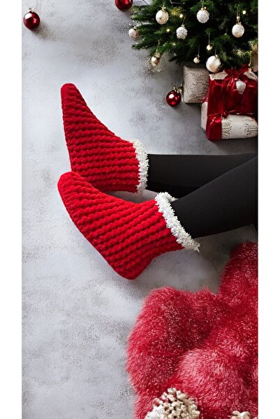 Valore El Örgüsü Kadın Kırmızı Ev Pandufu, Ev Botu, Ev Patiği, Yumuşak Taban