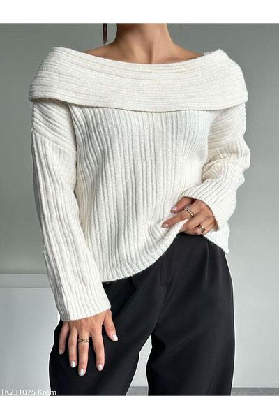 Qu Style Degaje Collar Ribbed Sweater