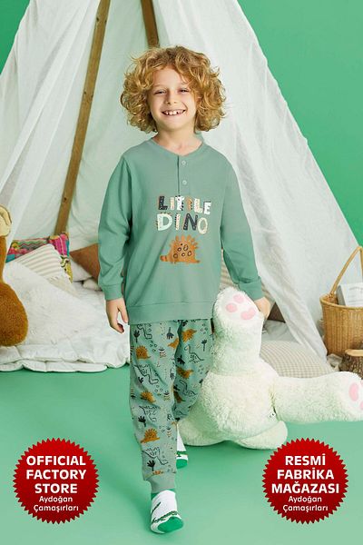 Aydoğan Boy's Green Pajamas Set - 100% Cotton, Long Sleeve, A11-4 Model - 240732