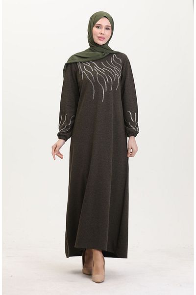 sefamerve Ecrin-Kleid mit Steindruck in Khaki – 0550-03