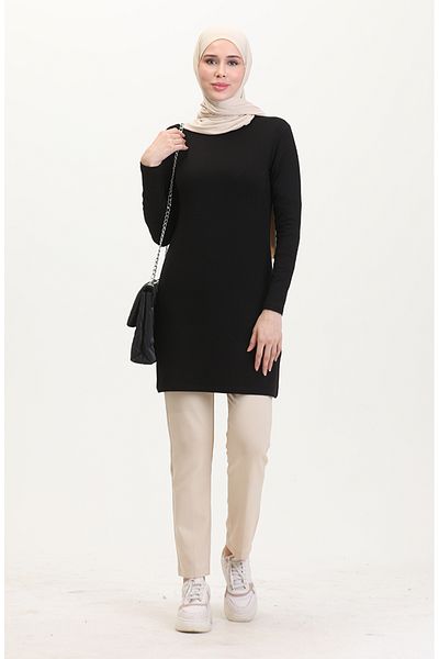 sefamerve Lange schwarze Viskose-Tunika – 10345-04