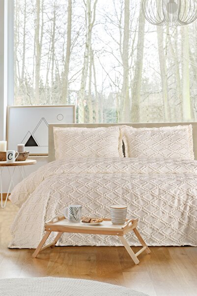 Home Collection Ecru 3 Piece Double Tasseled Pique Set