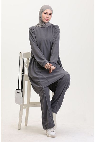sefamerve Gray Astana Fabric Tunic and Trousers Double Set - 0551-05