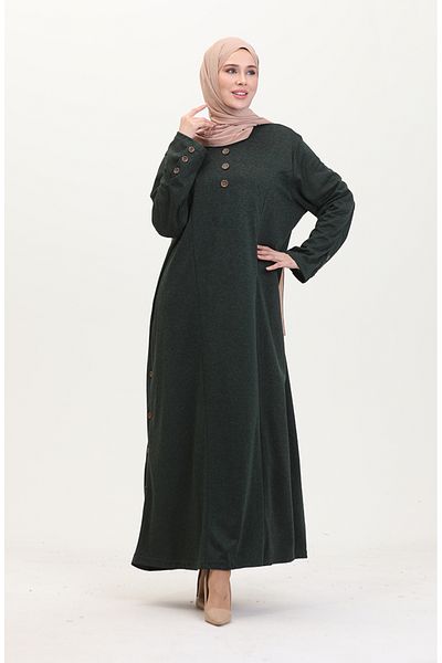 sefamerve Λεπτομερές φόρεμα με κουμπιά Plus Size 0533-03 Emerald Green