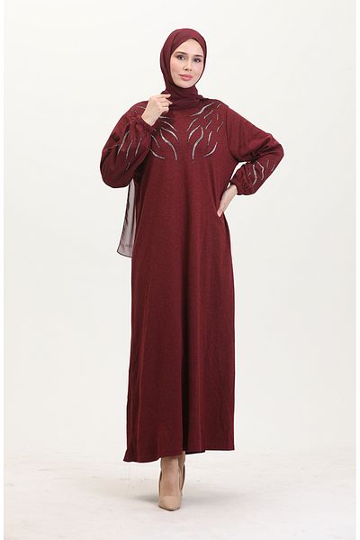 sefamerve Strasskleid mit elastischen Ärmeln 0547-01 Weinrot