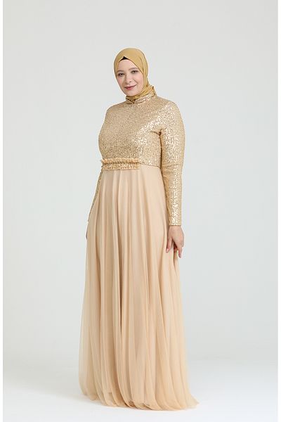 sefamerve Βραδινό φόρεμα με παγιέτες σε χρυσό Plus Size - 80114-01