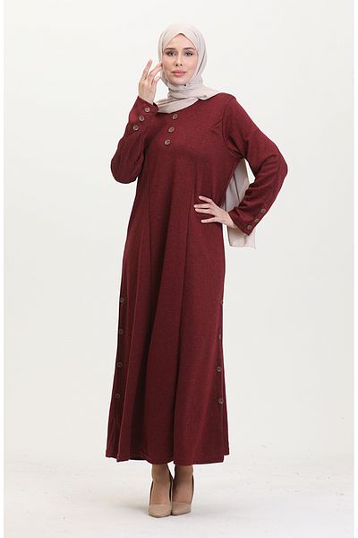 sefamerve Plus Size Kleid mit Knopfleiste 0533-07 Burgunderrot