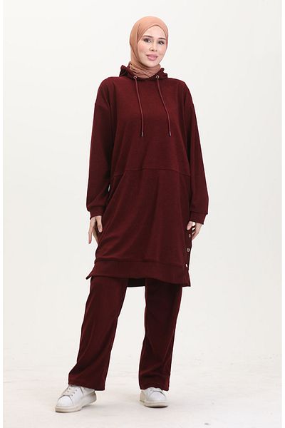 sefamerve Astana Stoff-Tunika-Hose mit Kapuze, zweiteiliges Set 0553-04 Weinrot