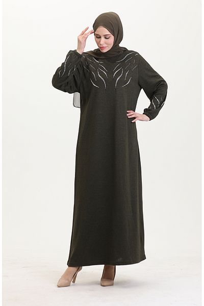 sefamerve Khakifarbenes Kleid mit elastischen Ärmeln und Strasssteinen – 0547-07