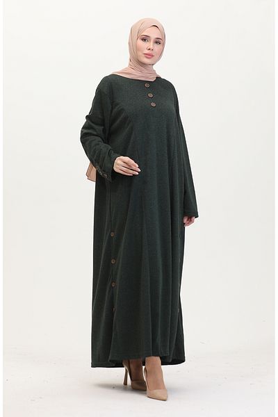 sefamerve Λεπτομερές φόρεμα με κουμπιά Plus Size 0533-03 Emerald Green