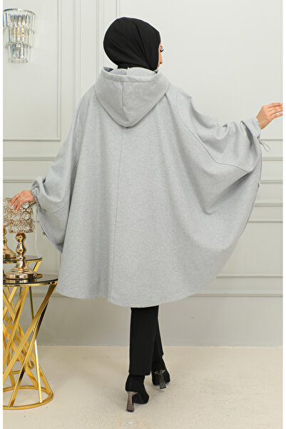 sefamerve Kapüşonlu Kaşe Panço 0505-05 Gri