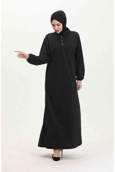 sefamerve Kleid mit Knöpfen und elastischen Ärmeln 0546-02 Schwarz