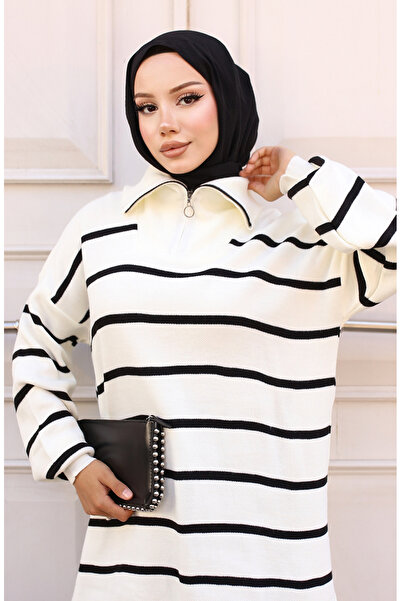 sefamerve Black Striped Zippered Knitwear Set - 11034-03