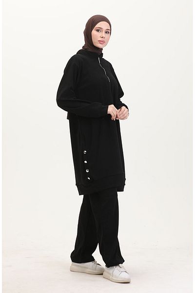sefamerve Schwarzes Astana-Stoff-Tunika- und Hosen-Set – 0552-05