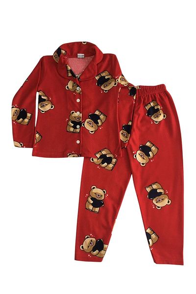 Arya Nisa Kids Girl's Red Teddy Bear Patterned Front Button Suede New Year Concept Pajamas Set