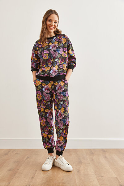 Olalook Kadın Floral Siyah Basic Eşofman Takımı ETKM-0000069