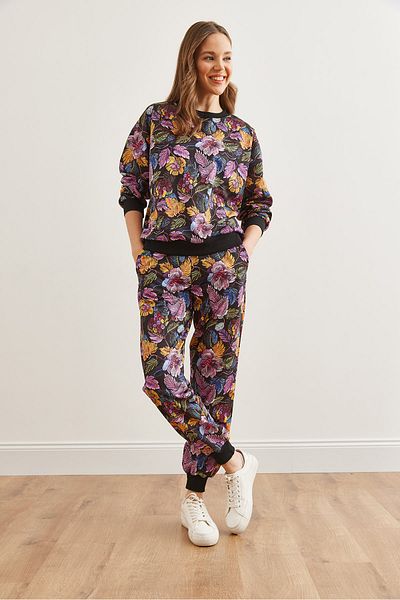 Olalook Damen Floral Schwarz Basic Trainingsanzug Set ETKM- 0000069