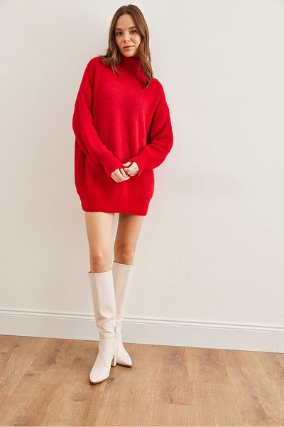 Olalook Roter Rollkragenpullover für Damen mit weichem, strukturiertem Bart, Strick-Tunika TNK- 19000098