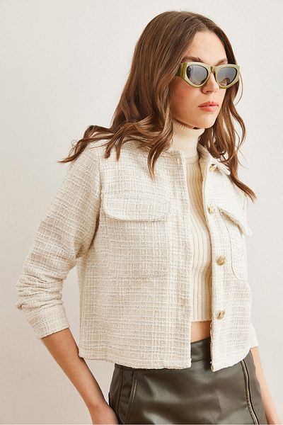 Olalook Ecrufarbene Tweedjacke für Damen mit Taschen und Knöpfen und Glitzerdetails CKT- 19000411