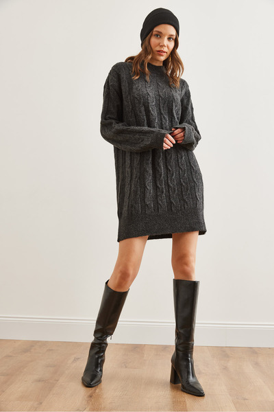 Olalook Women's Anthracite Hair Braided Knitwear Tunic Dress Elb- 19002312