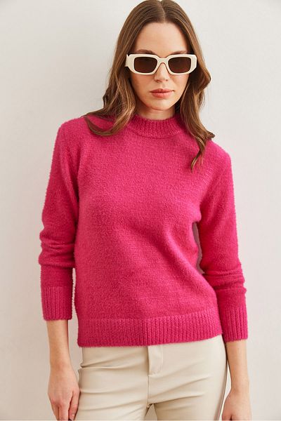 Olalook Pulover cu barbă pentru femei cu textura moale fucsia - Gât crew KZK- 19000858