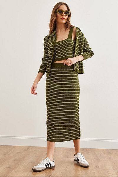 Olalook Women's Khaki 3 Piece Striped Knitwear Suit Tkm- 19000322