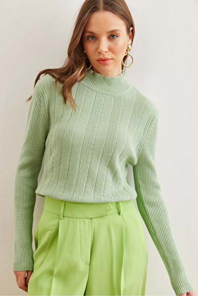 Olalook Water Green Half Fisherman Soft Knitwear Sweater - Zigzag Textured Kzk- 19000447
