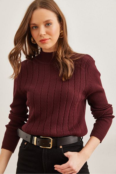 Olalook Weicher Strickpullover für Damen in Burgunderrot mit halber Fisherman-Zickzack-Textur KZK- 19000447