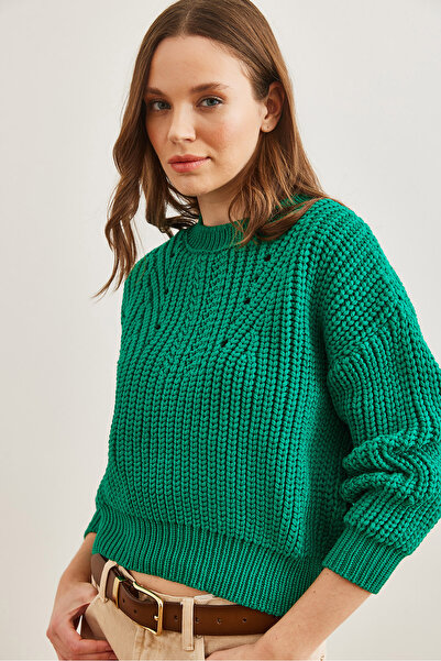 Olalook Grass Green Women's Knitwear Sweater - Crew Neck, Thick Knit Loose Kzk- 19000856