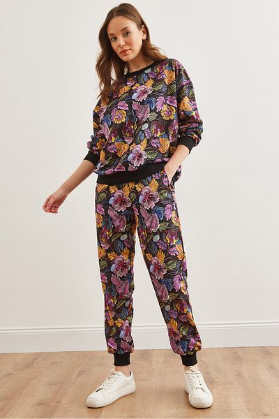Olalook Damen Floral Schwarz Basic Trainingsanzug Set ETKM- 0000069