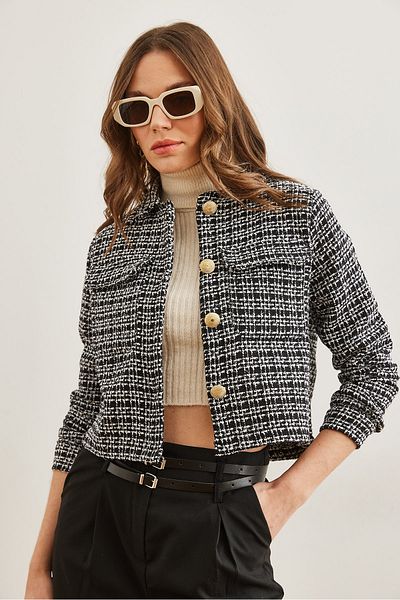 Olalook Schwarze Tweedjacke für Damen mit Taschen und Knöpfen und Glitzerdetails CKT- 19000411