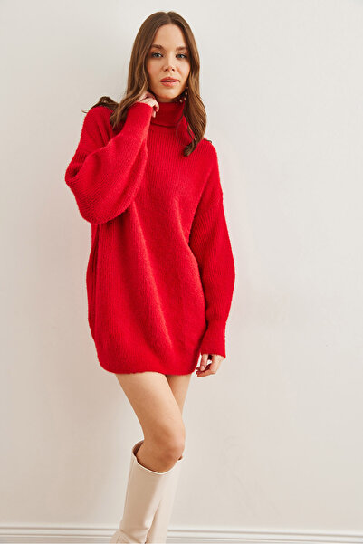 Olalook Kadın Kırmızı Balıkçı Yaka Yumuşak Dokulu Sakal Triko Tunik TNK-19000098