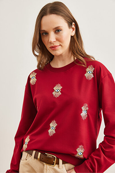 Olalook Burgundy Eye Embroidered Women's Sweatshirt - Seasonal Swt- 19000598