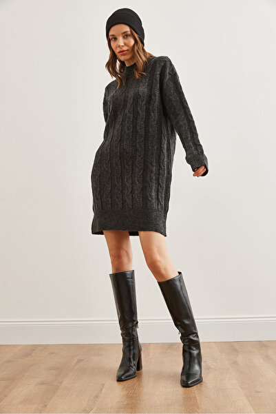 Olalook Women's Anthracite Hair Braided Knitwear Tunic Dress Elb- 19002312