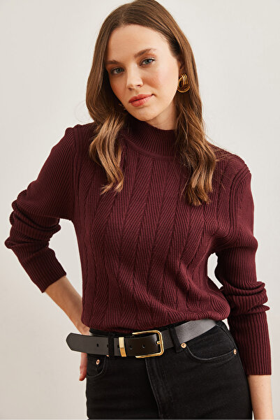 Olalook Women's Burgundy Half Fisherman Zigzag Textured Soft Knitwear Sweater Kzk- 19000447