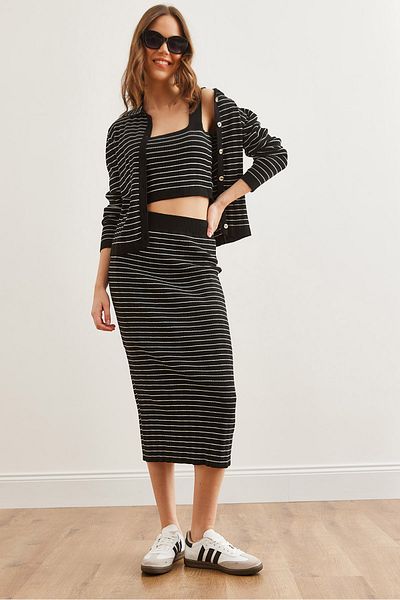 Olalook Women's Black 3-Piece Striped Knitwear Set Tkm- 19000322