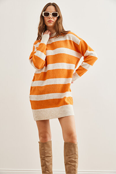 Olalook Women's Orange Thick Striped Soft Textured Knitwear Tunic Dress Elb- 19002281