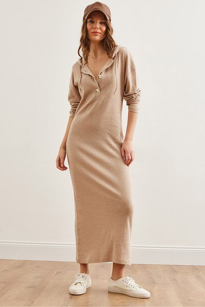 Olalook Women's Camel Buttoned Hooded Oversize Ribbed Maxi Dress Elb- 19002319