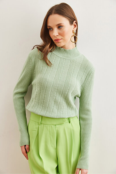 Olalook Water Green Half Fisherman Soft Knitwear Sweater - Zigzag Textured Kzk- 19000447