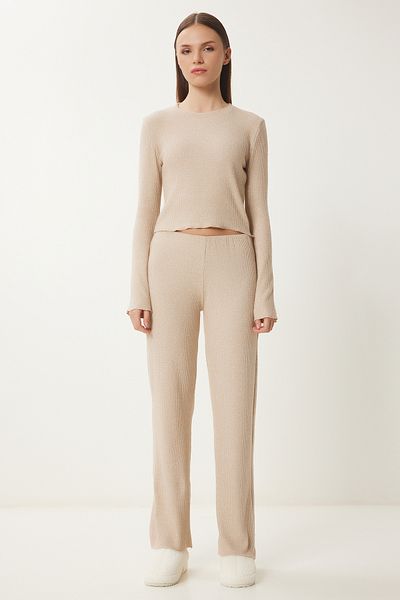 Happiness İstanbul Women's Beige Soft Crop Loose Pants Knitted Suit An00222