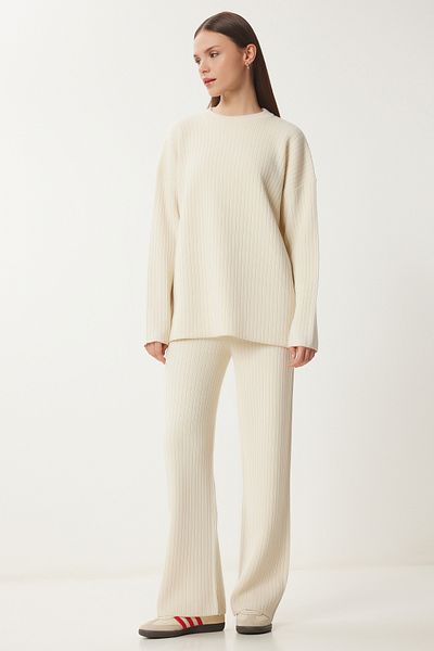 Happiness İstanbul Women's Bone Ribbed Knitwear Sweater Pants Suit Pf00104