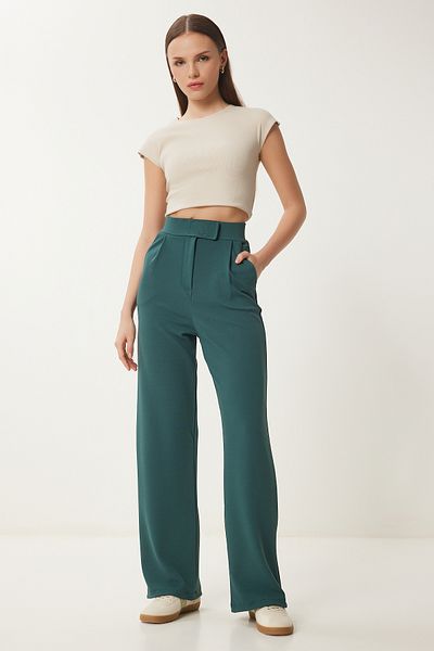 Happiness İstanbul Women's Emerald Green Velcro Waist Comfortable Woven Trousers RV00150