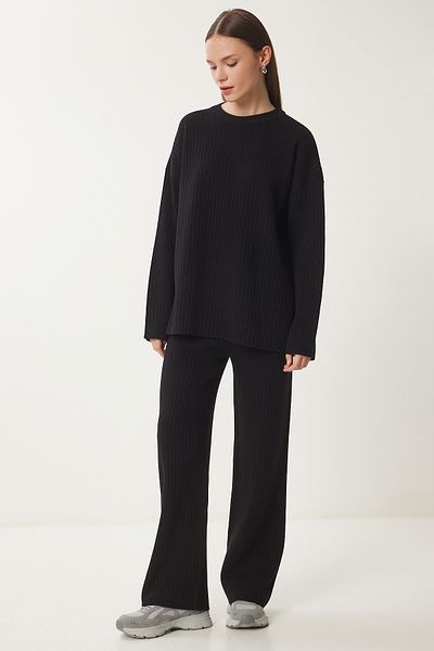 Happiness İstanbul Women's Black Ribbed Knitwear Sweater Pants Suit Pf00104